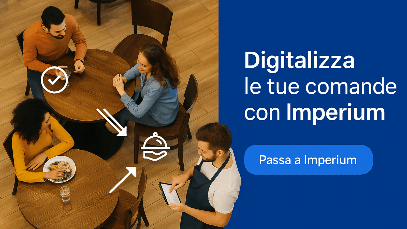 Cameriere che utilizza l’app comande ristorante Imperium su tablet