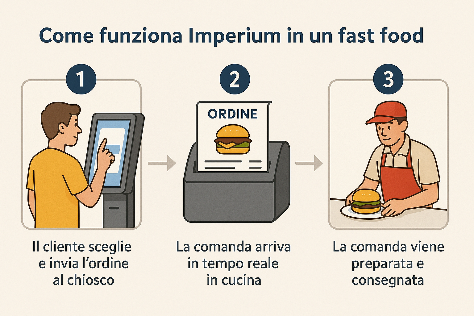 Flusso ordini fast food e self service gestiti da Imperium, dal cliente alla cucina e alla cassa
