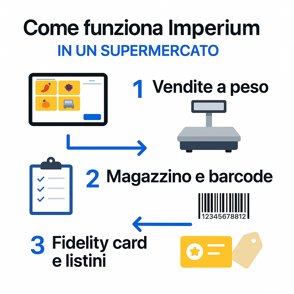 Flusso Imperium supermercati: vendite a peso, magazzino, fidelity e listini